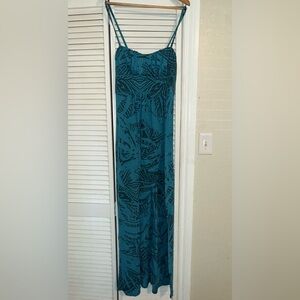 Trixxi Teal Maxi Dress with Black Leaf Print - L